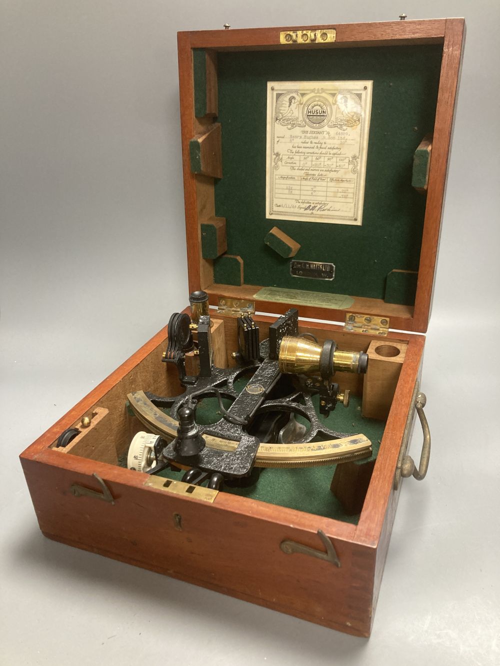 A cased Husun sextant by Henry Hughes & Son Ltd, no 44889, test certificate dated Nov. 44